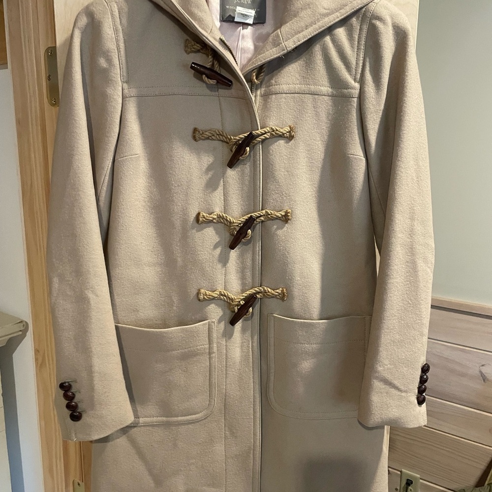 J. Crew Beige Hooded Trench Coat with Toggle Closures